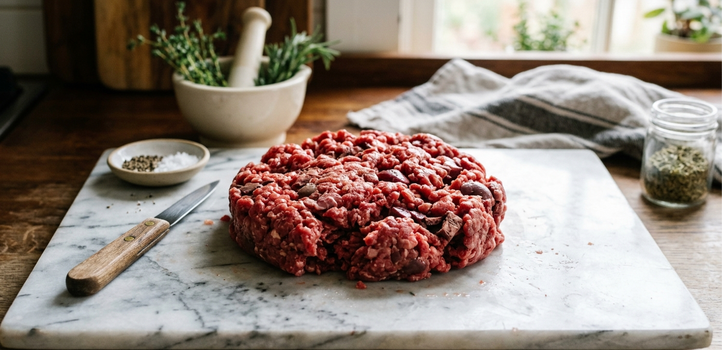 100% Grass-fed ground beef with organs