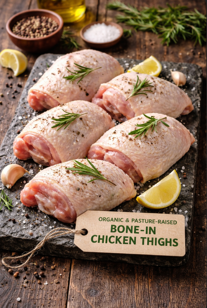 Organic & Pasture-raised Bone In Chicken Thighs.
